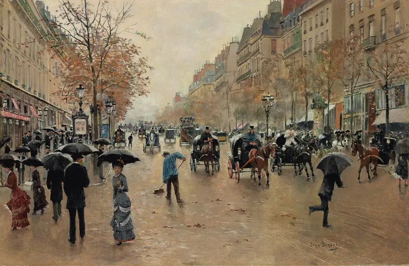 Boulevard Poissonnière en automne by Jean Béraud, oil painting depicting autumn reflections on cobblestone.