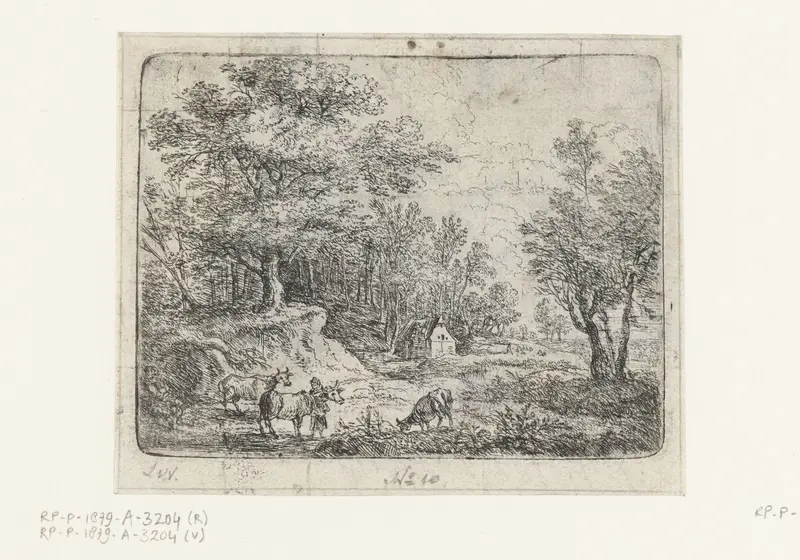 Landschap met drie koeien en een vrouw, etching by Lucas van Uden, depicting cows and a woman in a landscape.