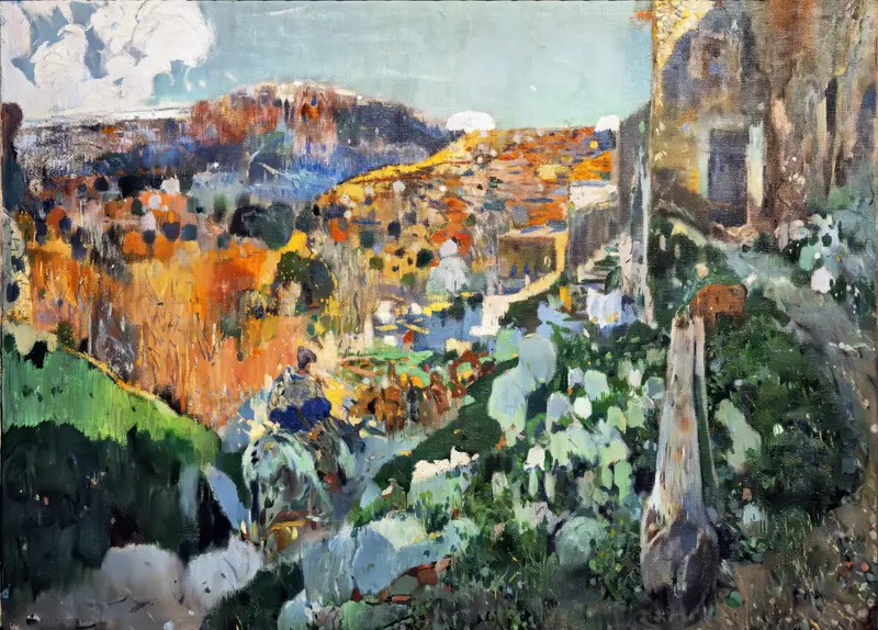 Still life oil painting by Joaquin Mir Trinxet featuring rich hues and dynamic brushstrokes.