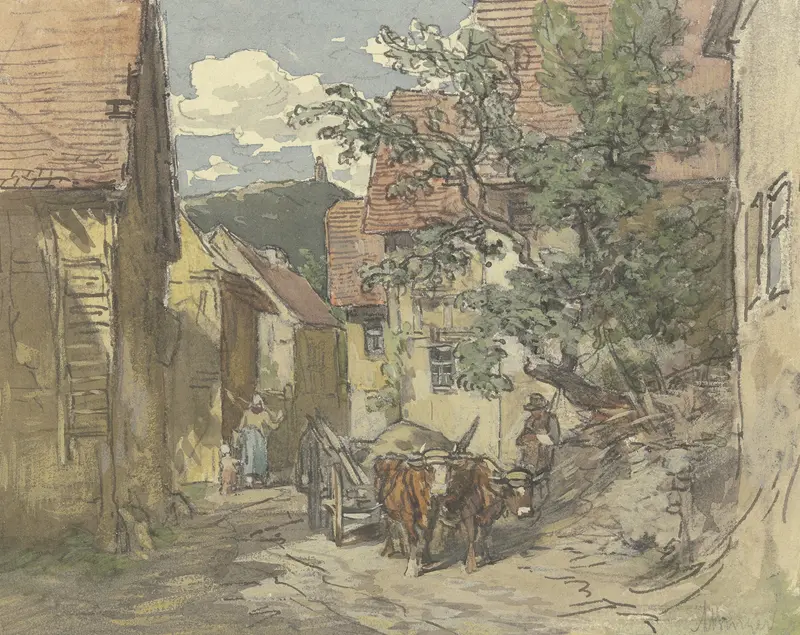 Impressionism landscape by Anton Burger depicting a street with cobblestones and soft light.