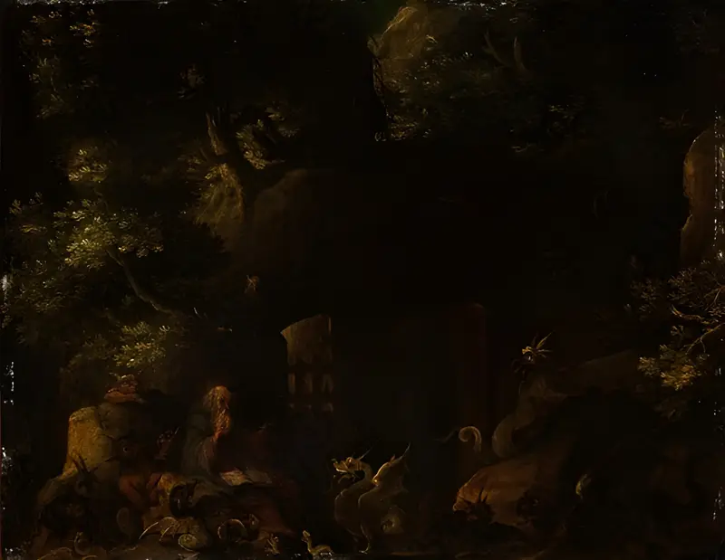 A detailed depiction of St. Anthony's temptation by Jan Brueghel the Elder.