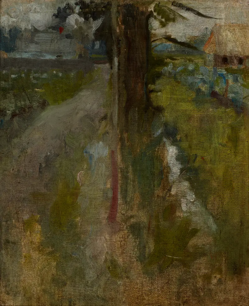 Landscape Motif by Olga Boznanska, oil on canvas showing a serene meadow with flowers and soft light.