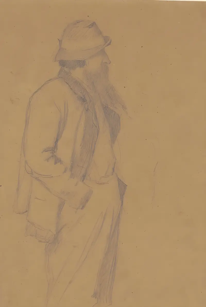 A depiction of a fisherman in a serene setting.
