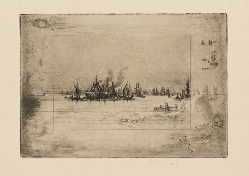 Port with Seagulls by Félix Hilaire Buhot, impressionism, depicting seagulls over a tranquil port.