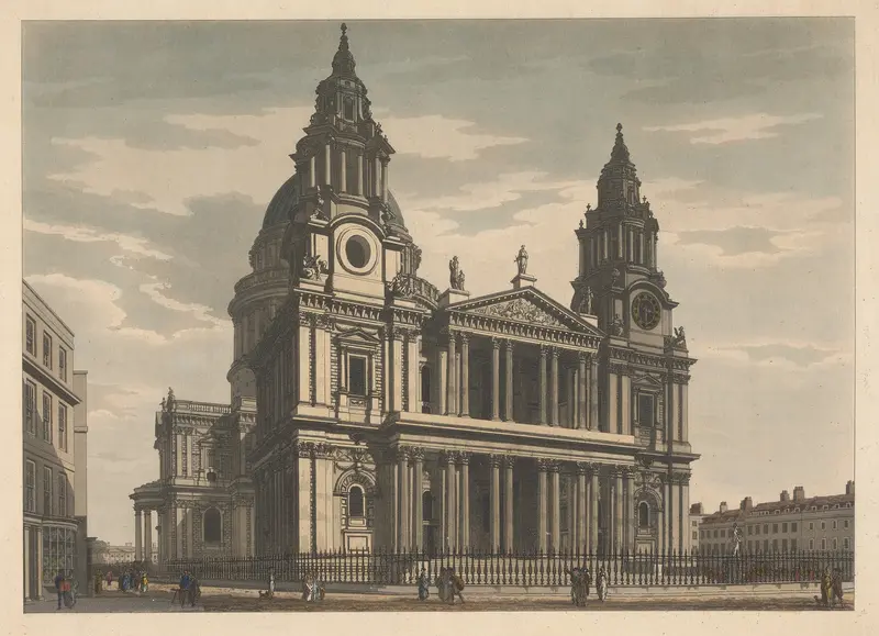North West View of St. Paul’s by Thomas Malton, oil painting of a grand cathedral