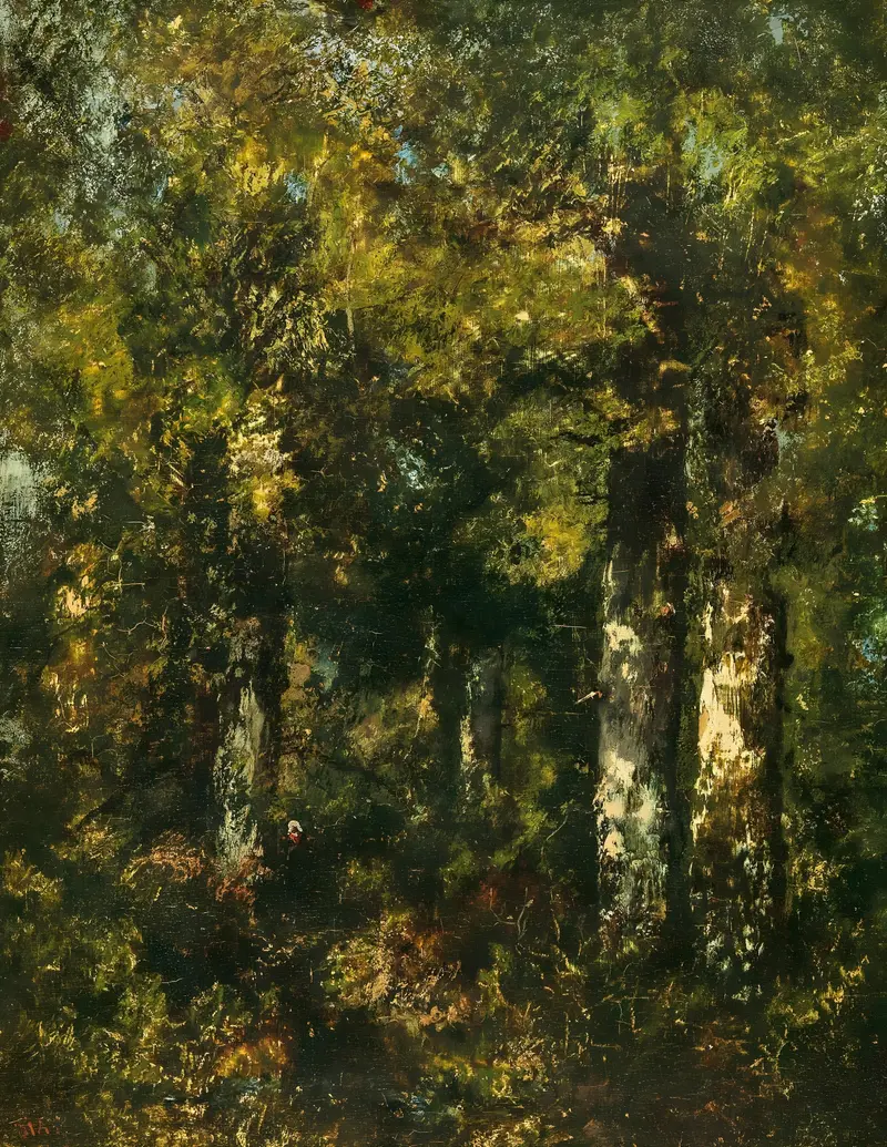 In the Forest of Fontainebleau, oil painting by Narcisse-Virgile Diaz de La Peña, depicting a lush forest scene.
