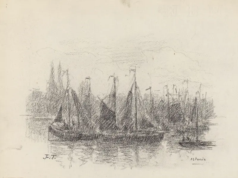 Ostende – bateaux de pêche by Jean-François Taelemans, oil on canvas depicting fishing boats on blue water.