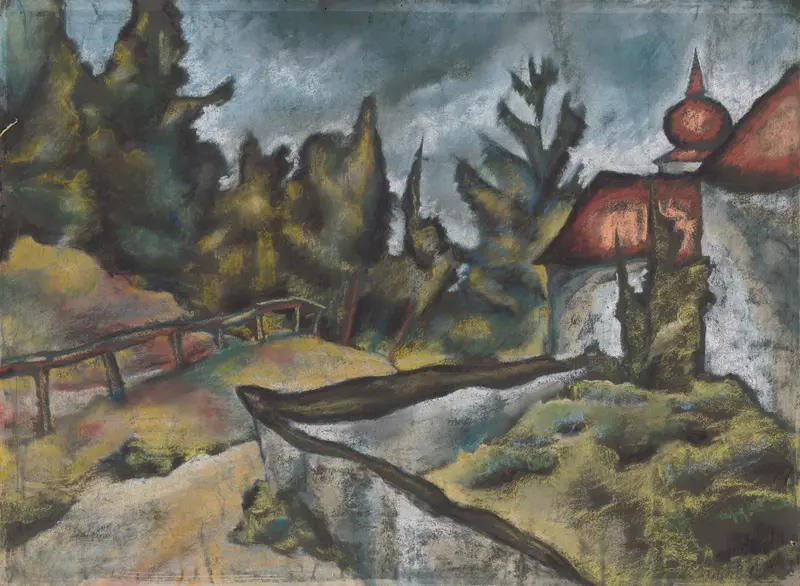 Košická kalvária by Konštantín Bauer, oil on canvas depicting a crucifix with vibrant contrasts.