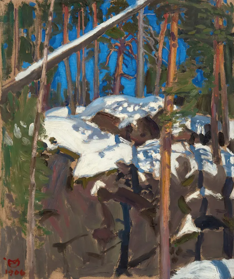 Spring Sun At Konginkangas, oil on canvas by Akseli Gallen-Kallela, depicting a vibrant spring landscape.