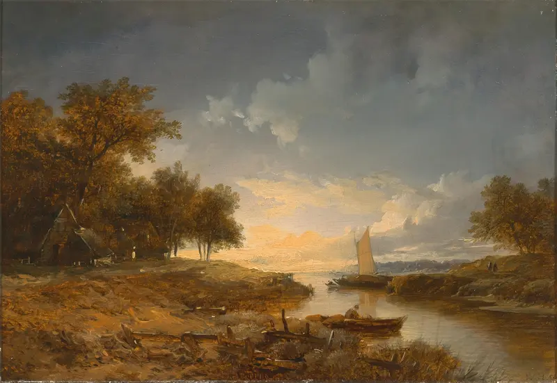 A Dutch River Landscape in the Evening Light by Remigius Adrianus van Haanen, oil painting depicting a tranquil river at sunset