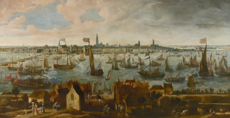 Marine scene of Antwerp port with boats, oil on canvas by Bonaventura Peeters the Elder