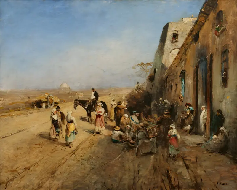 A lively Italian street scene depicting daily life in front of a tavern.