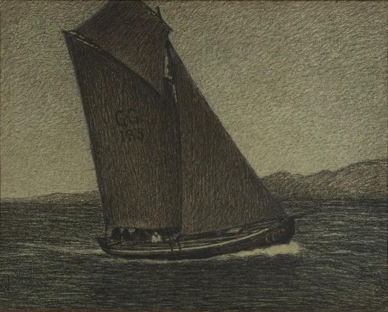 Fishing Boat Tacking by Karl Nordström, oil painting of a fishing boat with sails on the ocean