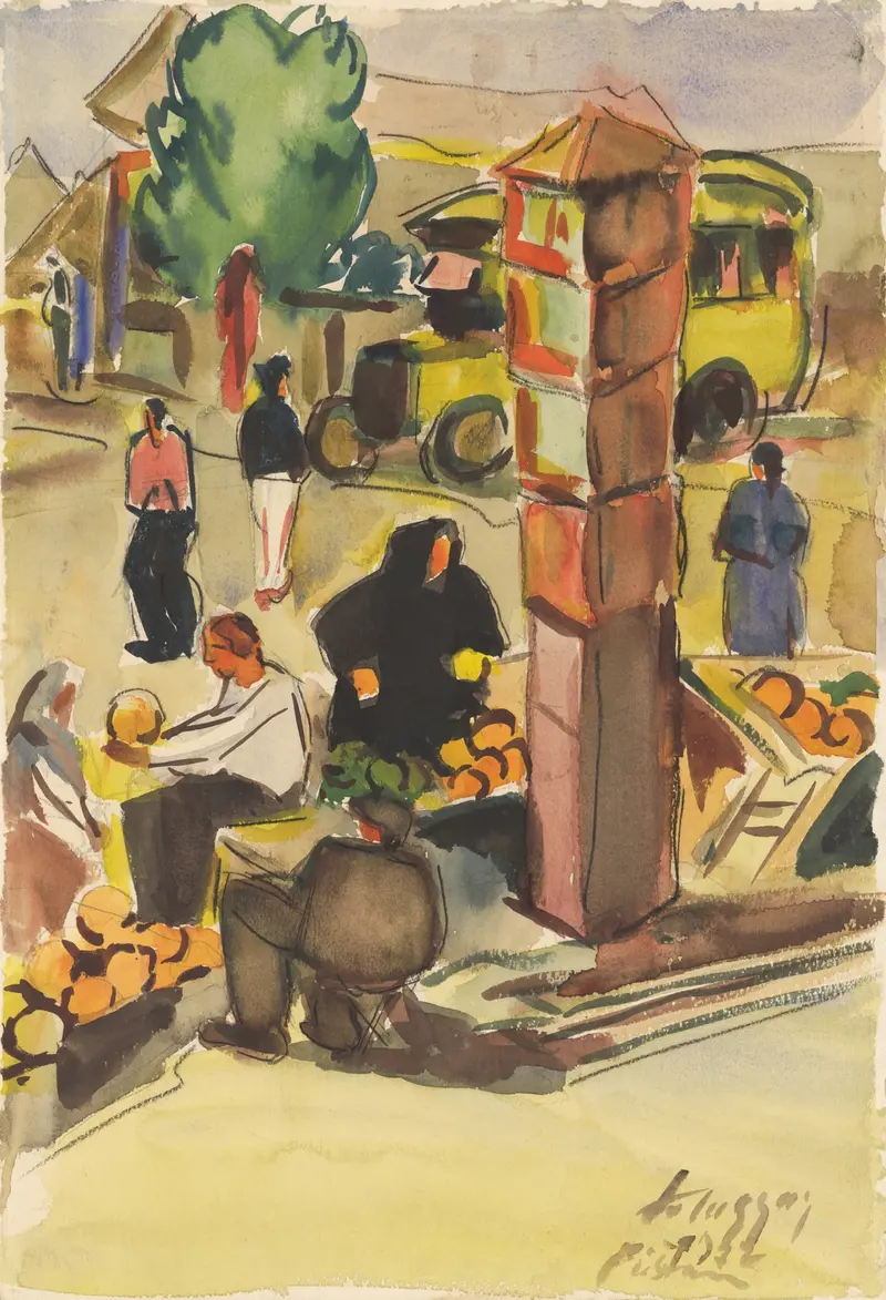 Genre scene depicting a market with vibrant colors by Zolo Palugyay, 1932