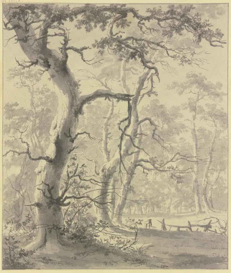 Oil painting by Paulus van Liender depicting a man reading in a forest.