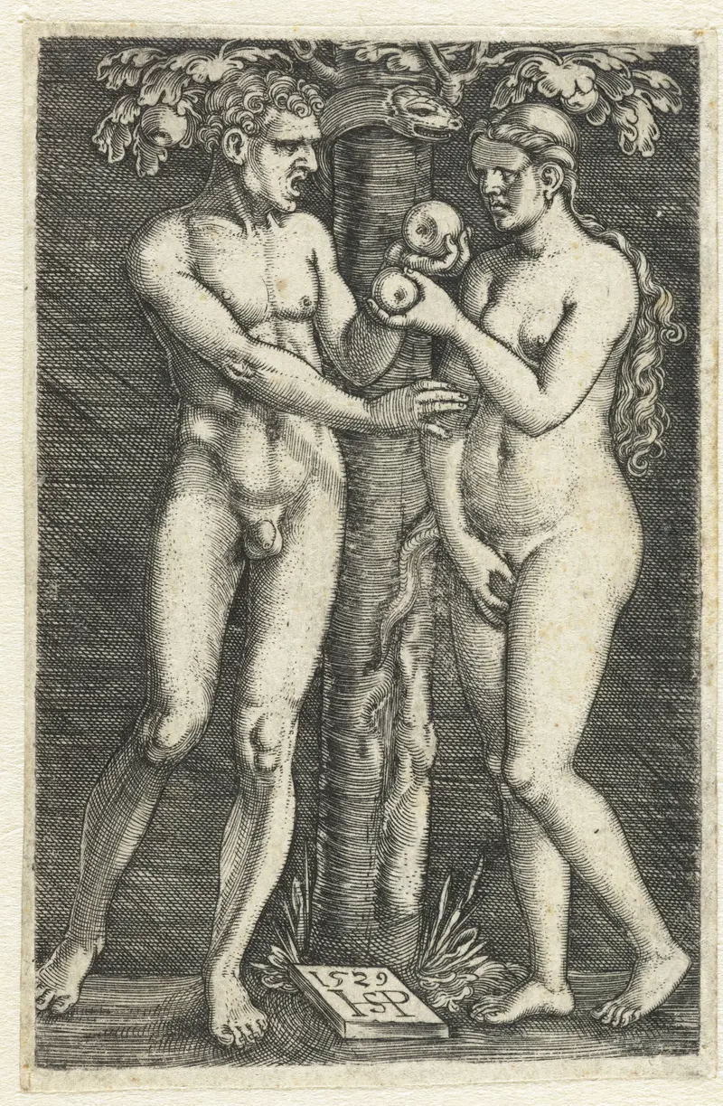 Engraving by Hans Sebald Beham depicting Adam and Eve in paradise, surrounded by fruit.