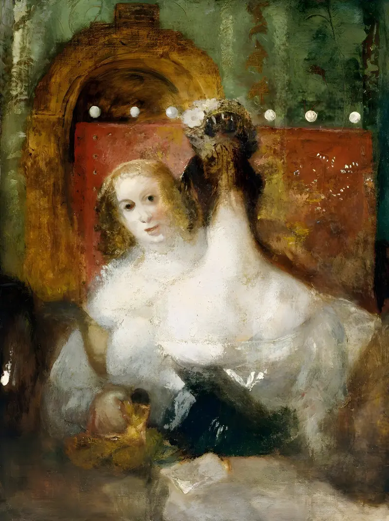 Two women seated by a window, examining a letter with an air of anticipation.