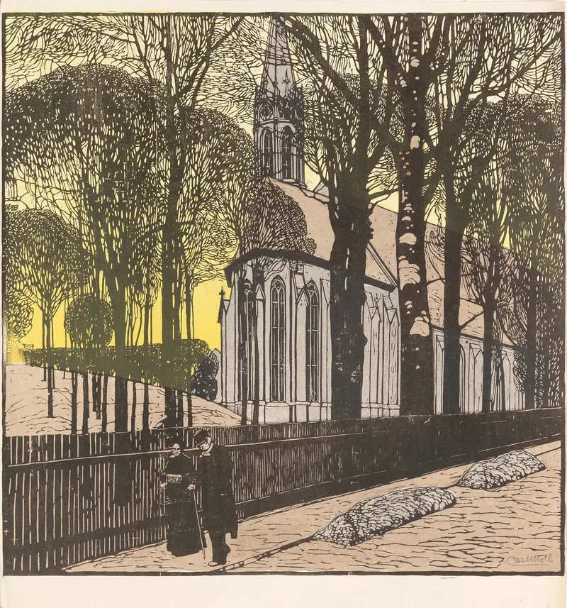 Romanticism oil painting by Carl Moll depicting Kirche St Michael in Heiligenstadt with swirling clouds.
