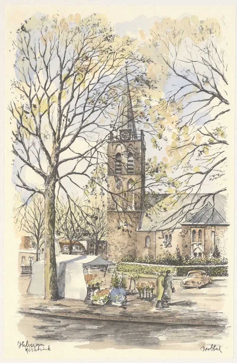 De Kerkbrink met de oude Hervormde Kerk by Bob Brobbel, realism, depicting a church in a village landscape