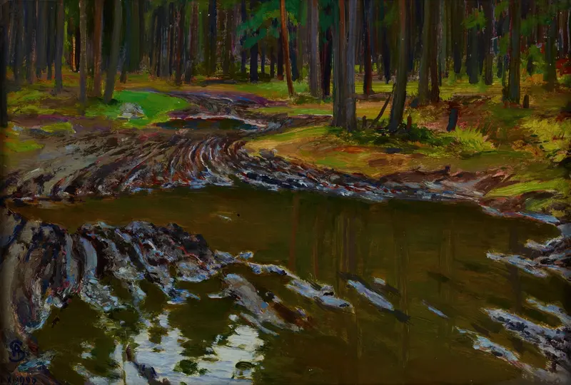 Mud in the Forest by Ambroży Sabatowski, oil painting depicting a serene forest landscape.