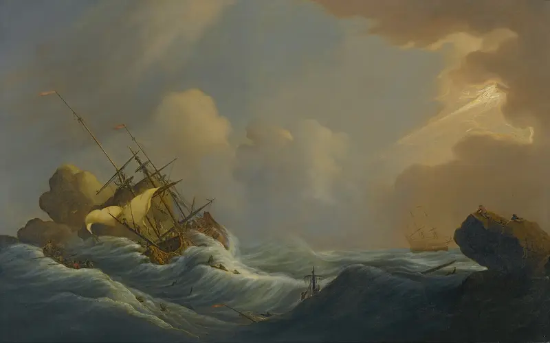 A Shipwreck In Heavy Storms by Peter Monamy, oil painting depicting a ship battling stormy seas.