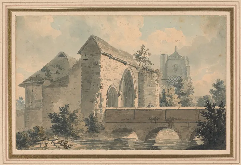 Waltham Abbey, Essex by Edward Dayes, oil painting depicting an abbey with clouds