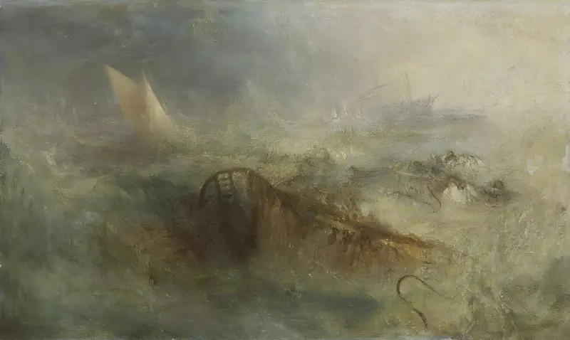 A turbulent seascape depicting a storm with dark clouds and struggling figures.
