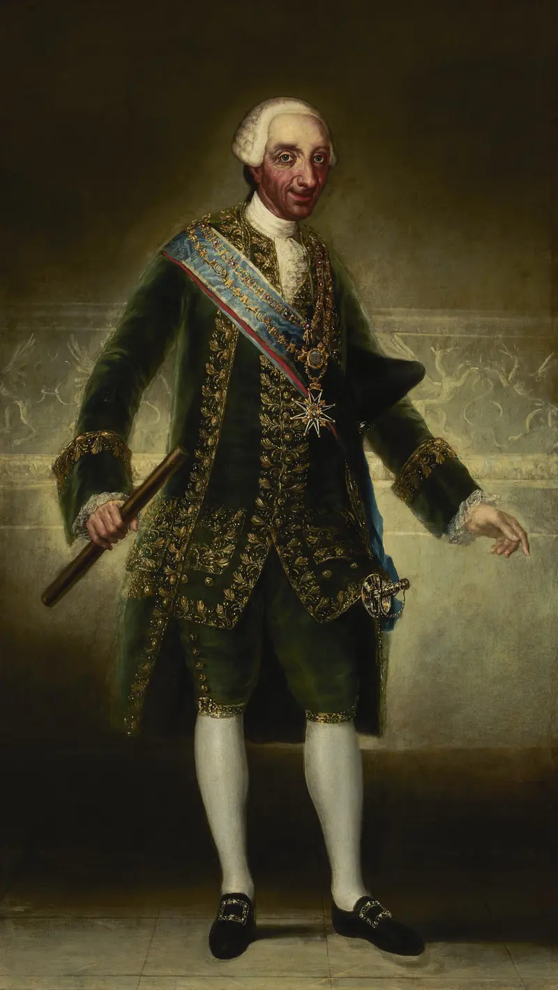 A full-length portrait of a man in an embroidered dark green coat with a blue sash, holding a baton and wearing a powdered wig against a muted brown background.