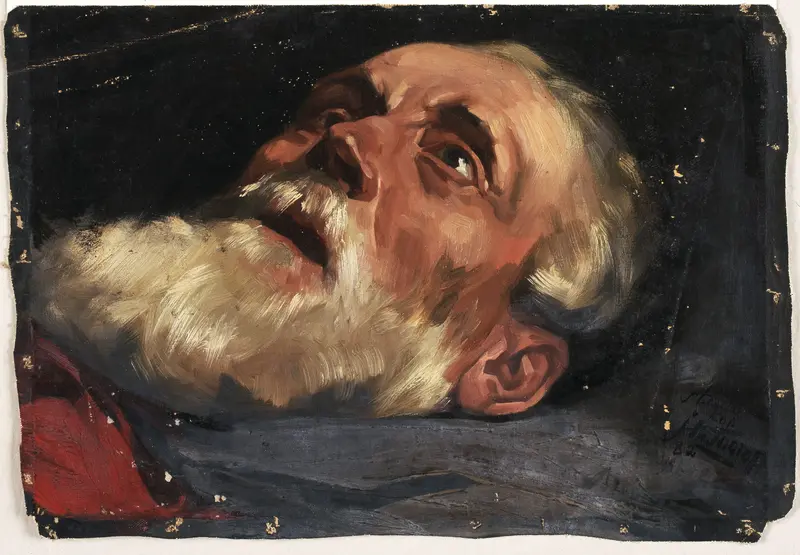 A study of an old man's head by Jan Toorop, showcasing intricate details and expressive features.
