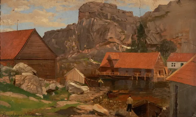 Solsvik, Bergen by Amaldus Nielsen, oil on canvas depicting a serene fjord landscape.