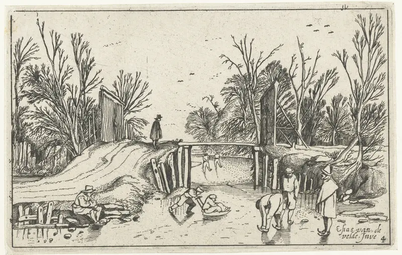 Schaatsers voor een houten brug, etching by Unknown Artist depicting skaters on ice