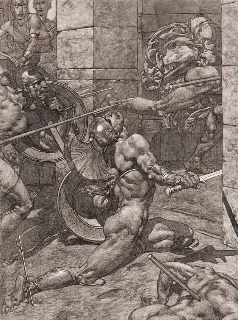 A muscular warrior's body is pierced by a spear, frozen in a moment of collapse amidst a chaotic battle scene.
