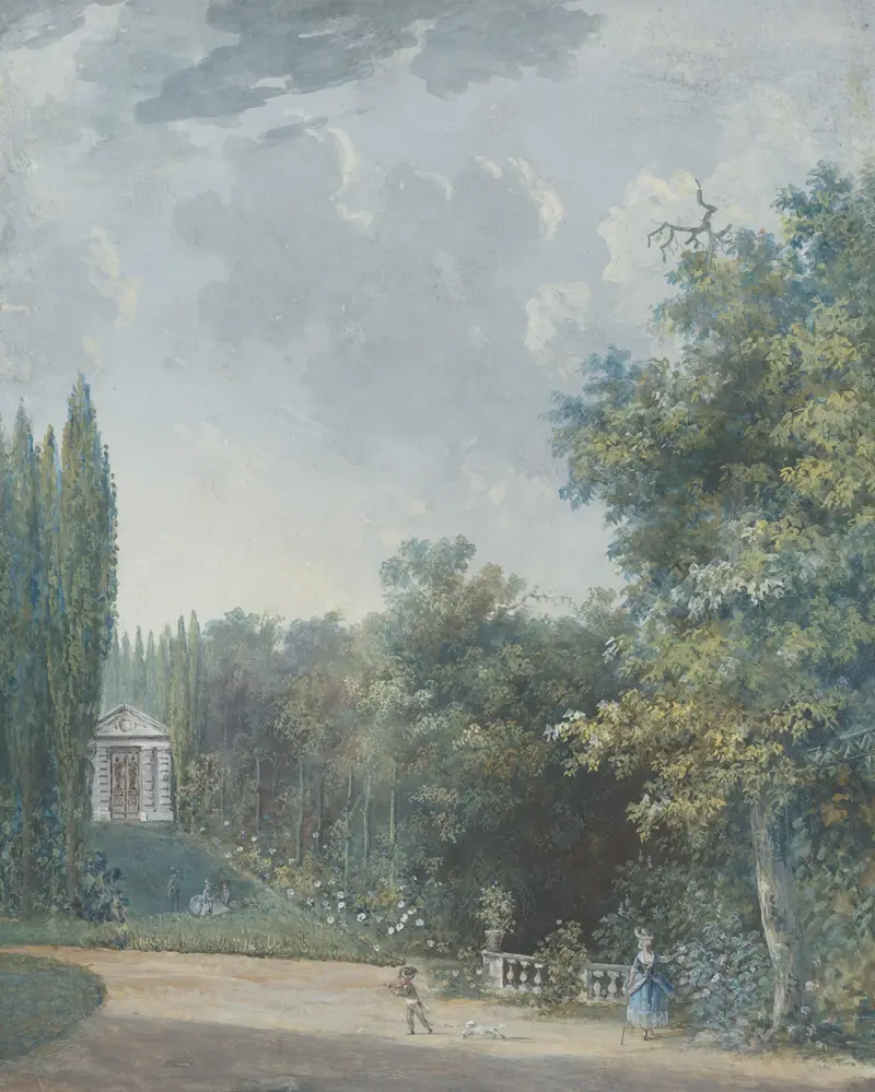 Landscape of a park with trees and sunlight by Louis Gabriel Moreau, oil painting