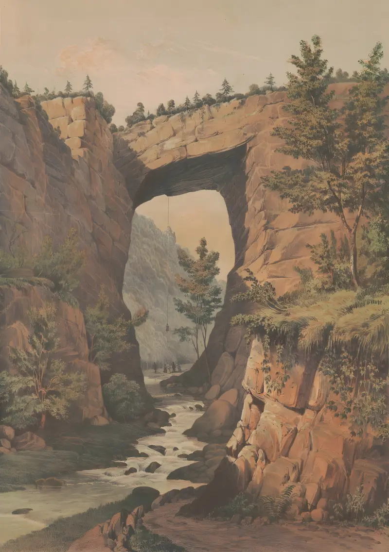 Engraving of a natural bridge in Virginia by James Fuller Queen