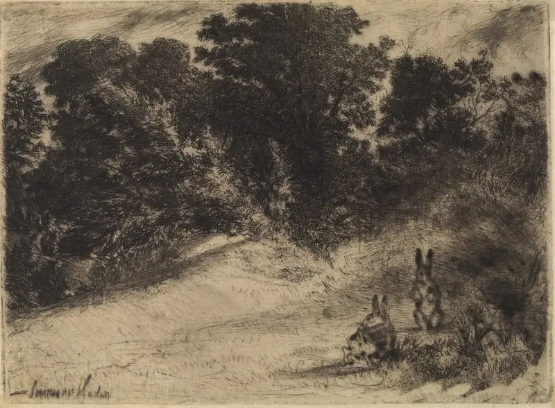 Engraving by Francis Seymour Haden depicting a tranquil landscape with a stream and hillside.