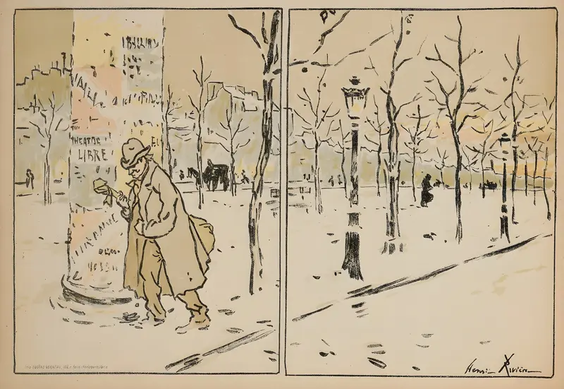 Henri Rivière's painting captures a winter scene in Paris with a theatrical theme.