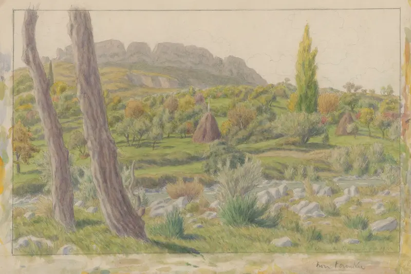 Watercolour by Henri Rivière depicting an overgrown landscape with soft hues.