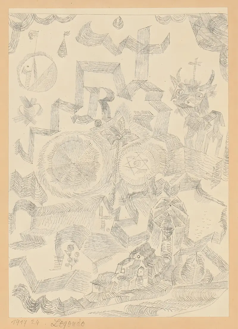 A painting by Paul Klee depicting a holy bull in a symbolic landscape.