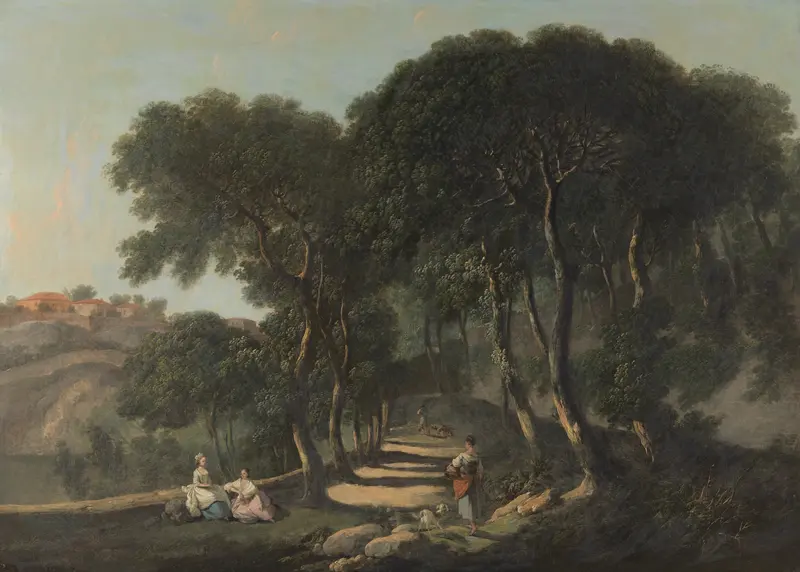 Landscape by Nathaniel Dance Holland, oil painting depicting serene hills and light.