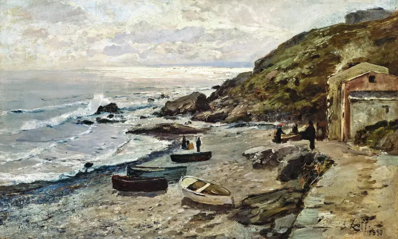 Coastal sunset with fishermen silhouettes, oil on canvas by Alfred Zoff