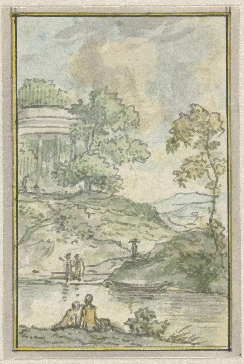 Landschap met ronde tempel, oil on canvas by Jurriaan Andriessen, featuring a circular temple in a lush landscape.