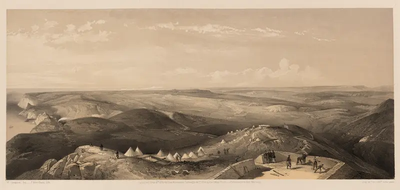 Watercolour by William Simpson depicting hills and Sebastopol in soft hues.