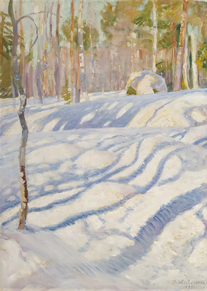 Sunlit Winter Landscape by Pekka Halonen, oil on canvas depicting a snowy landscape with sunlight.