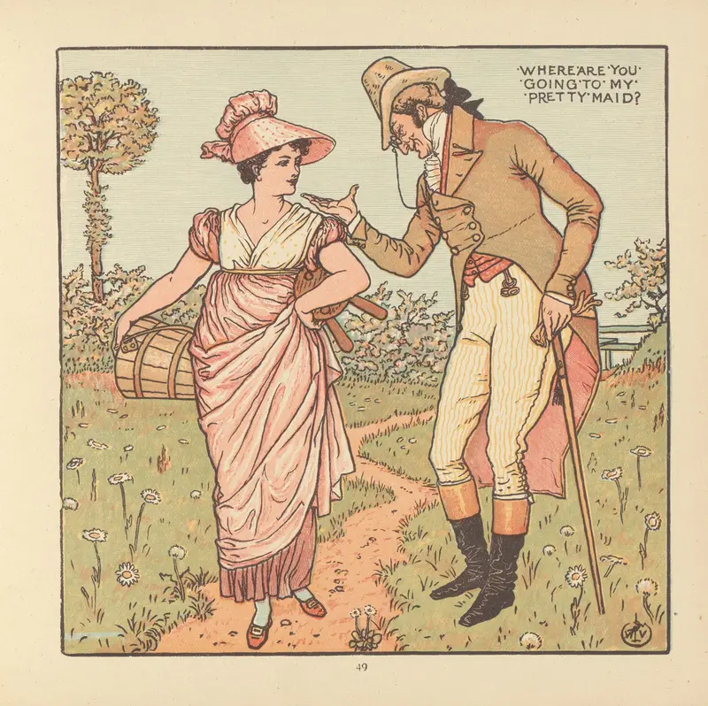 A charming depiction of a young maid in a lush garden setting.