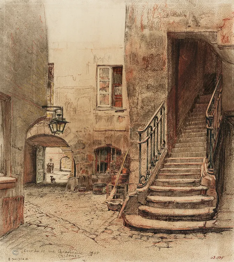 Watercolour by Charles Jouas depicting a staircase and courtyard