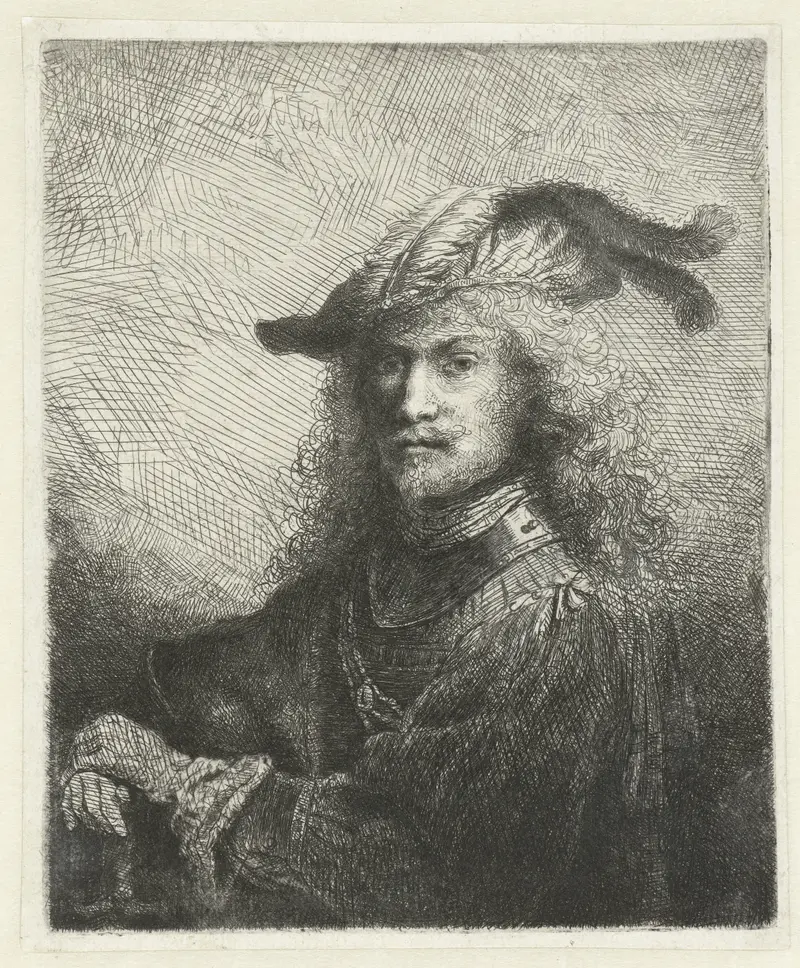 Etching by Ferdinand Bol depicting a self-portrait in a cloak with dramatic light.