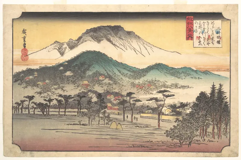 A rural landscape shows a distant mountain, green hills with houses, a wide field, slender trees, and tiny human figures under a glowing evening sky.