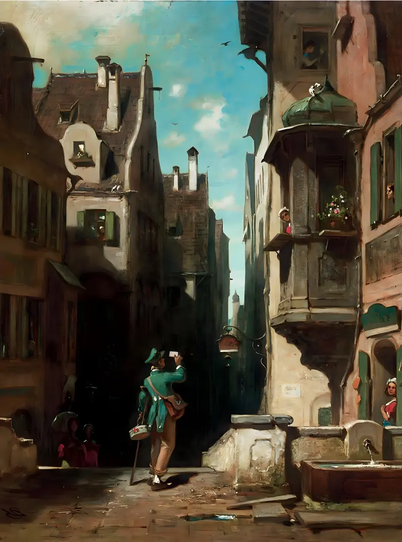 Carl Spitzweg's 'Der Postbote' depicts a postman in a charming, everyday scene.