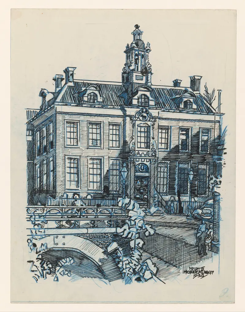Impressionism oil painting of Stadhuis te Edam by Martin Monnickendam, featuring water reflections.