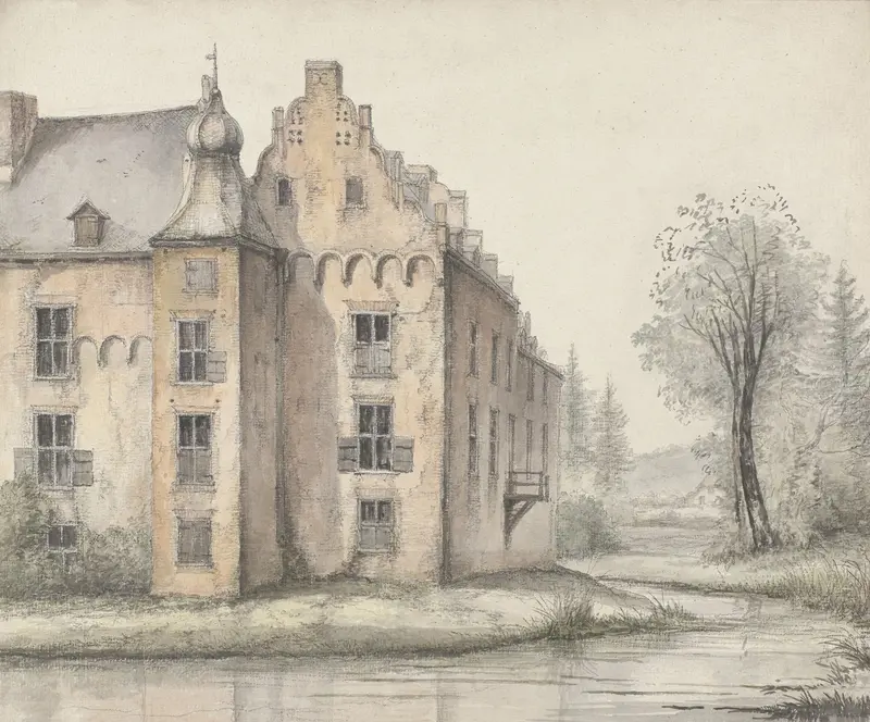 Landscape oil painting by George Pieter Westenberg featuring a castle and trees.